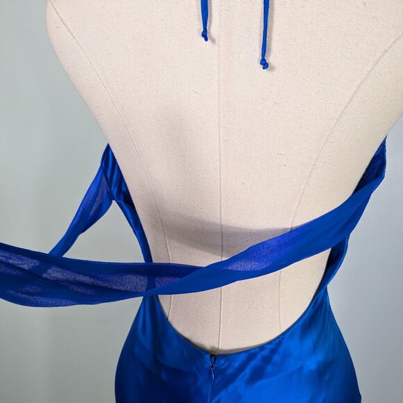 Vintage Cache Prom Dress Maxi Gown 4 Blue Y2K Silk Satin Movie Star Slip Glam - Picture 4 of 16